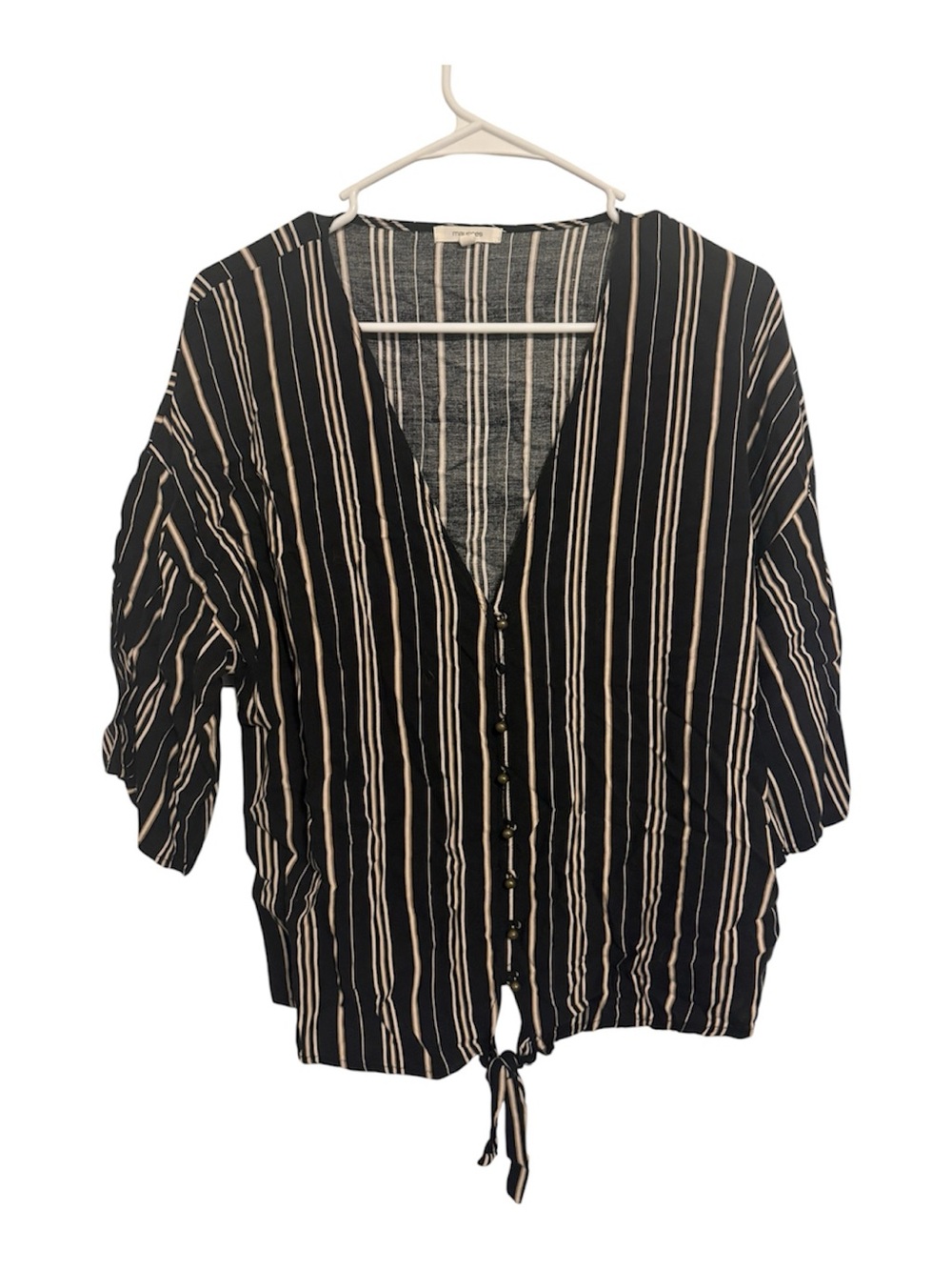 Striped Button-Front V-Neck Blouse - Black/Cream - Maurice’s XL